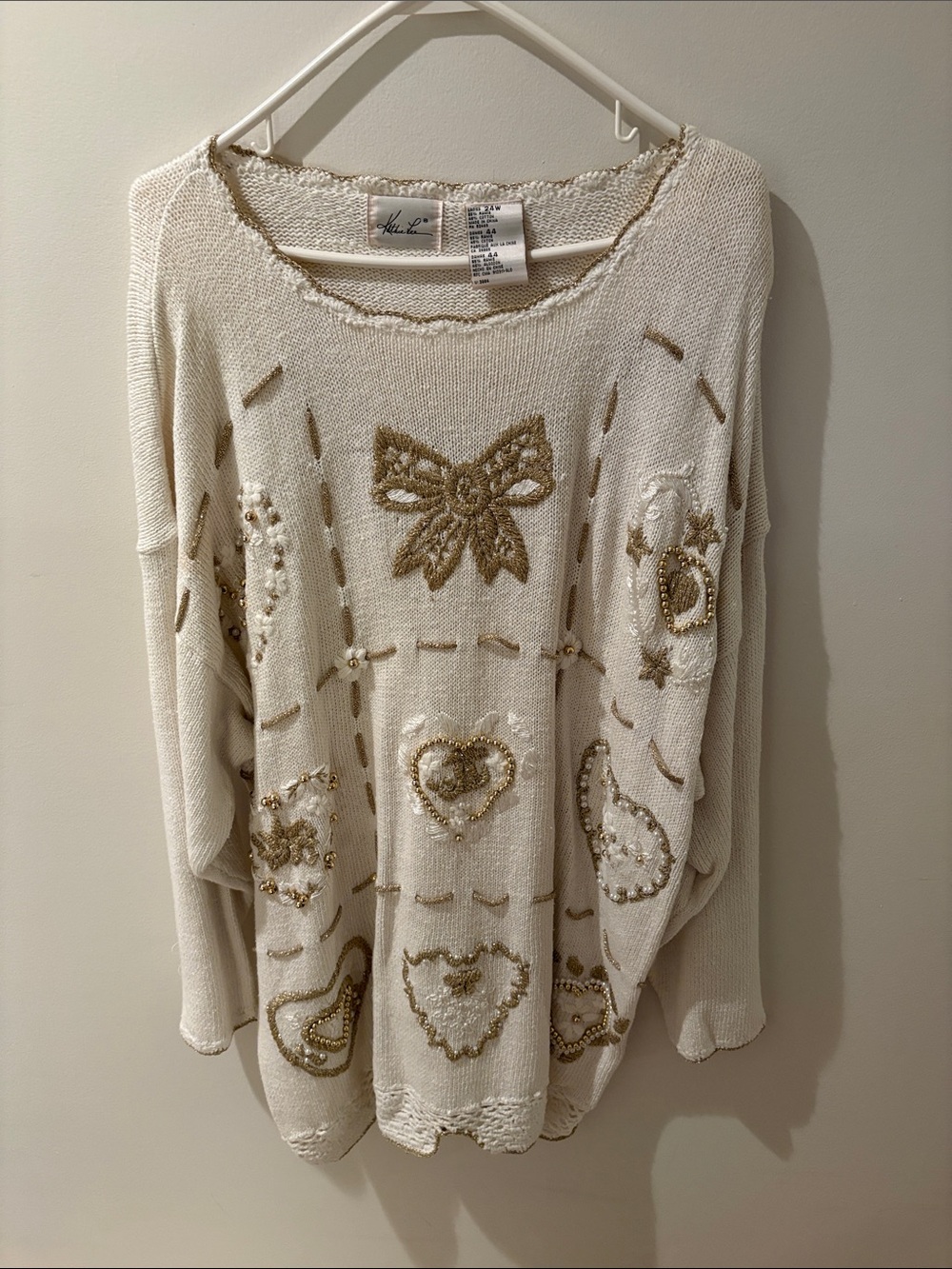 Kathie Lee Collection Cream Crewneck Sweater with Gold Embellishments